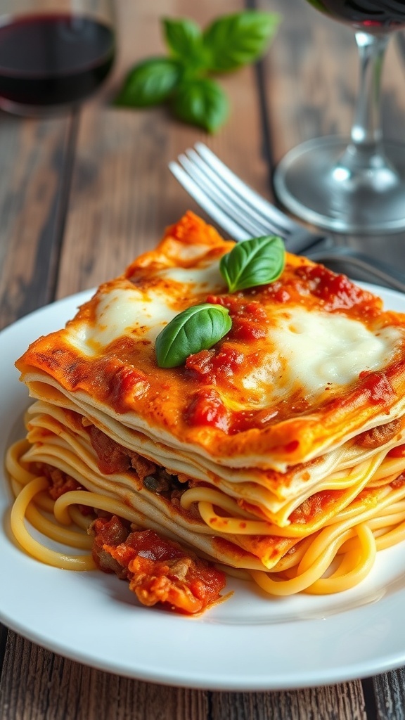 A hearty noodle lasagna with layers of pasta, meat sauce, and cheese, garnished with basil on a rustic table.